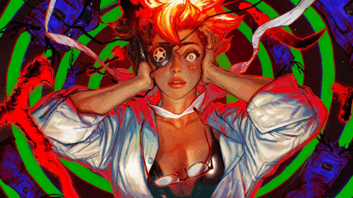 A surprised woman with spiky hair holds her head, wearing an eyepatch and open shirt, set against a spiraling background—like a scene from a hotel barcelona review come to life.