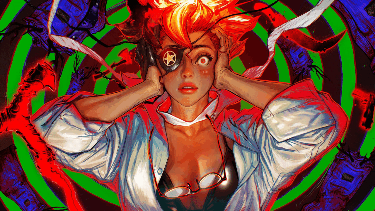 A surprised woman with spiky hair holds her head, wearing an eyepatch and open shirt, set against a spiraling background—like a scene from a hotel barcelona review come to life.
