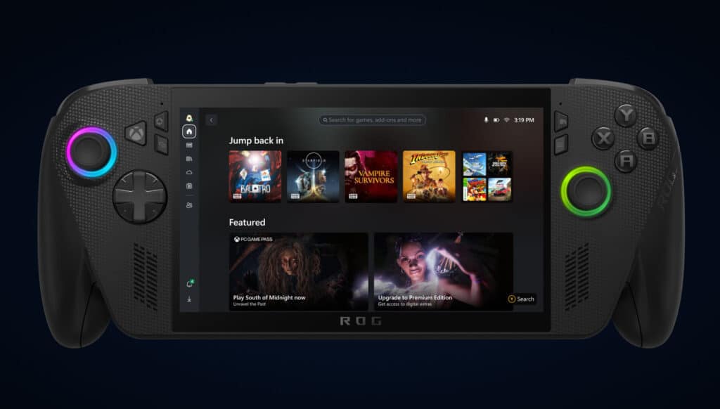 A handheld gaming console displays a game library screen with various game icons and colorful joystick lights.