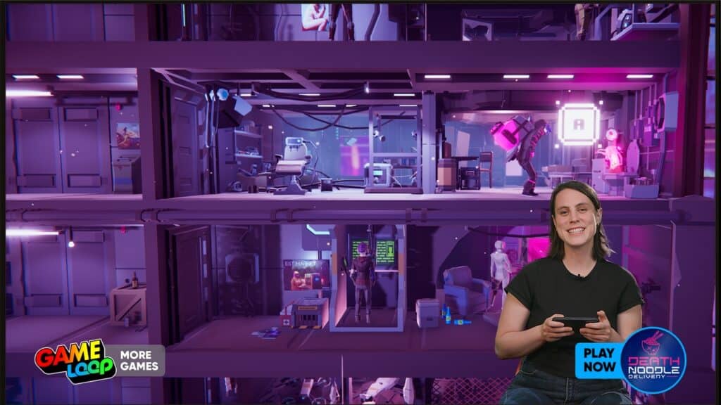 A person smiles while gaming with GAMELOOP Smart TV cloud gaming; a colorful sci-fi video game scene appears in the background.