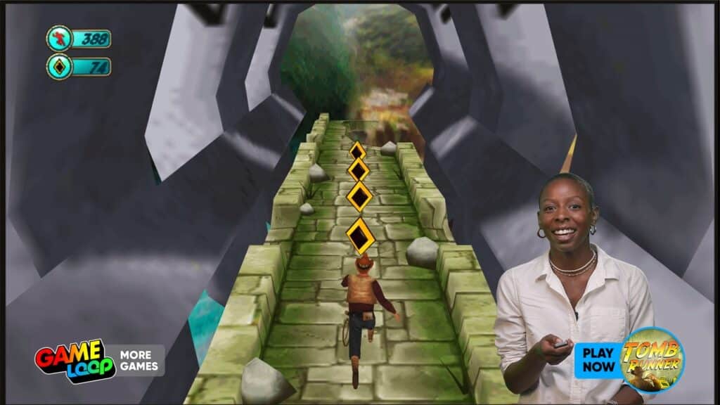 A woman presents a game on GAMELOOP Smart TV cloud gaming, showing a character running and collecting gems on a stone path in Temple Runner.