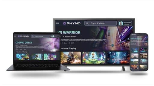 A laptop, TV, and smartphone display the gaming platform PHYND with various game titles and images on screen, highlighted as a featured innovation at Adweek NY 2025.