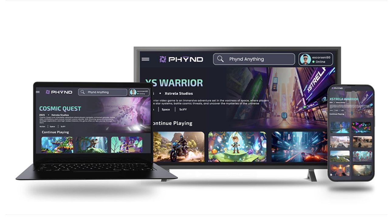 A laptop, TV, and smartphone display the gaming platform PHYND with various game titles and images on screen, highlighted as a featured innovation at Adweek NY 2025.