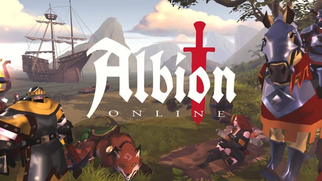 Albion Online logo over a medieval fantasy scene with armored characters, a ship, animals, and a horse.