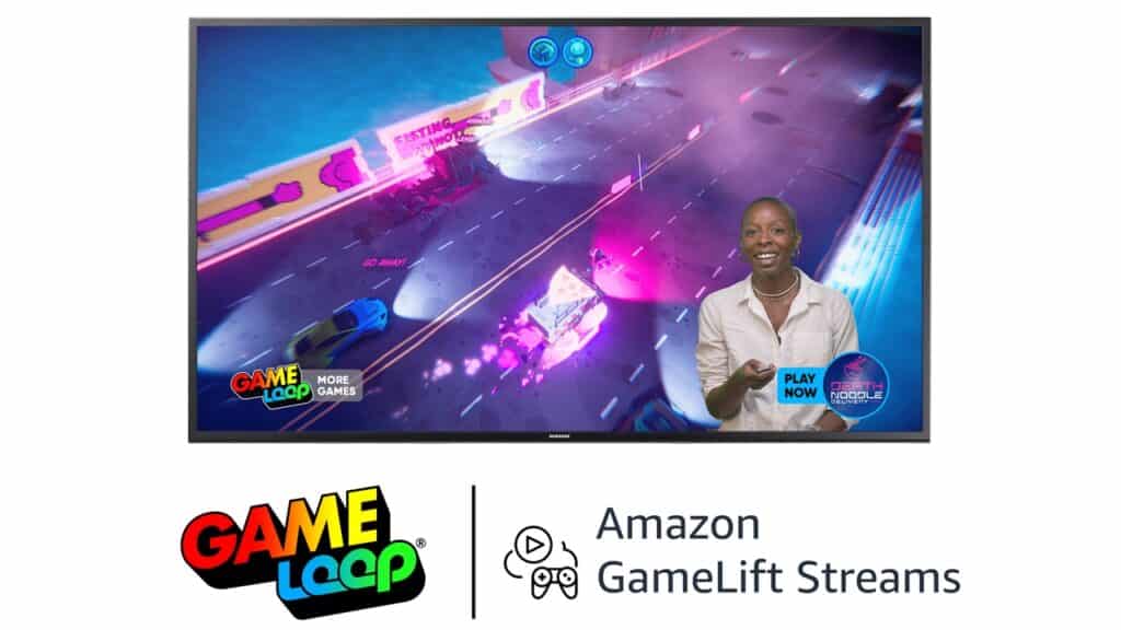 A woman stands in front of a racing game screen, showcasing the GAMELOOP Smart TV cloud gaming experience with GameLoop and Amazon GameLift Streams logos below.