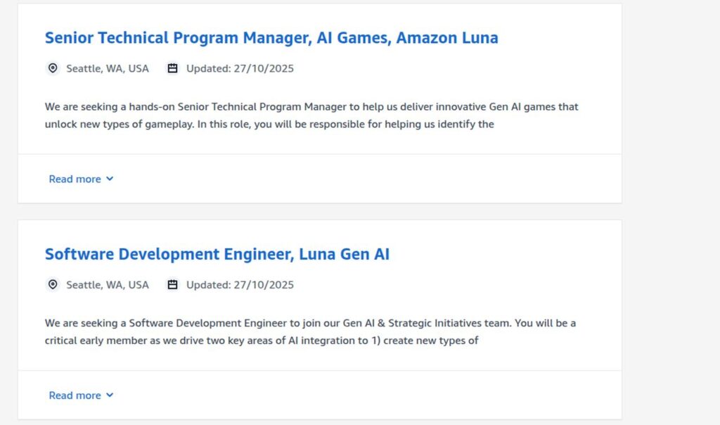 Job listings for Senior Technical Program Manager and Software Development Engineer roles at Amazon in Seattle, reflecting the Amazon Luna AI hiring spree.