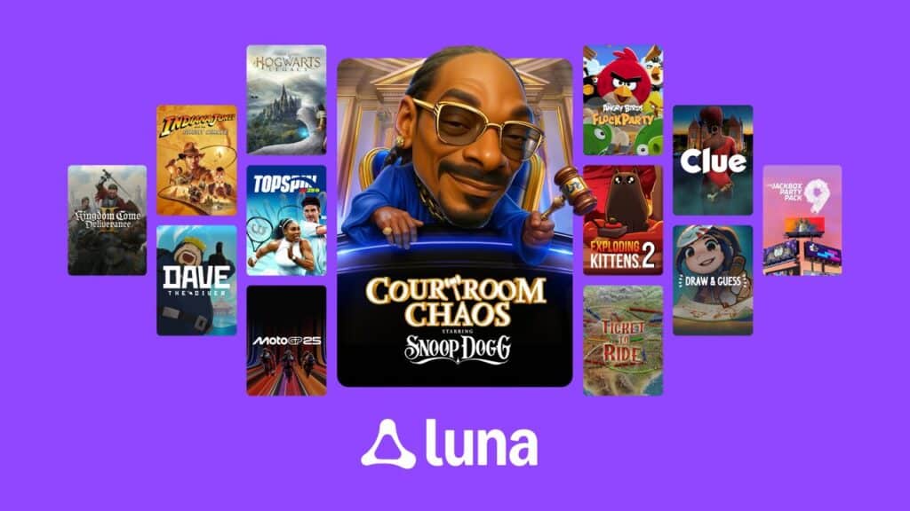 Collage of colorful game covers with Snoop Dogg in the center, on a purple background featuring the Luna logo, inspired by the Amazon Luna AI hiring spree.