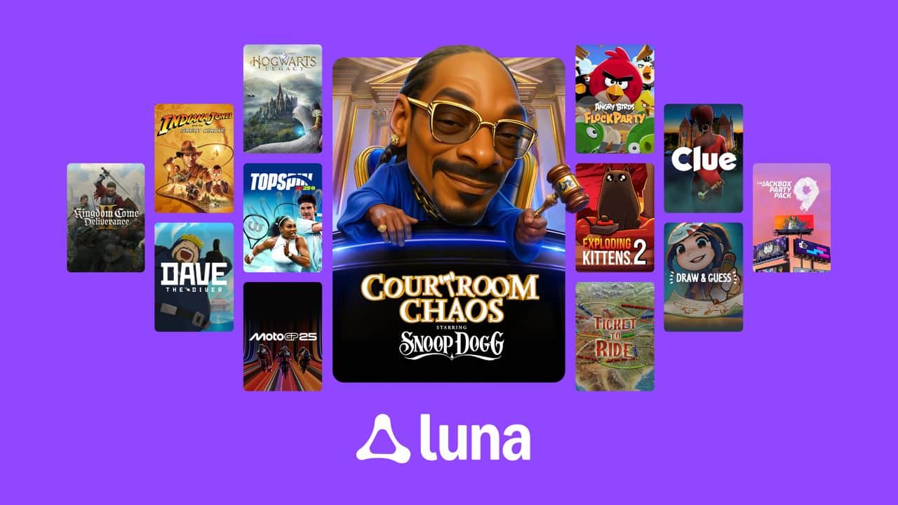Collage of colorful game covers with Snoop Dogg in the center, on a purple background featuring the Luna logo, inspired by the Amazon Luna AI hiring spree.