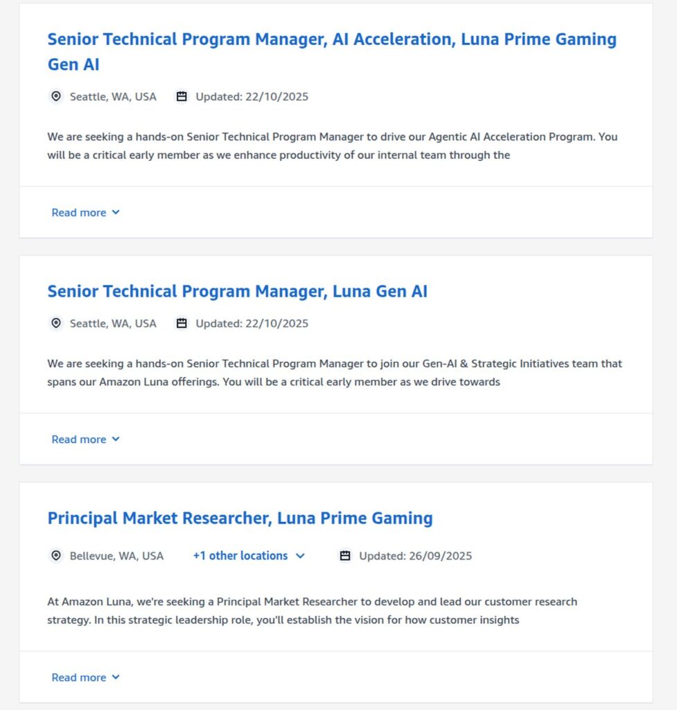 Job listings for Amazon Luna roles, including technical manager and market researcher, are displayed on a website, supporting the Amazon Luna AI strategy.