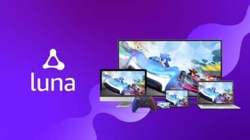 Amazon Luna logo with game screens shown on a TV, laptop, tablet, phone, and controller on a purple background, highlighting Amazon Luna AI strategy for seamless, intelligent cloud gaming across devices.