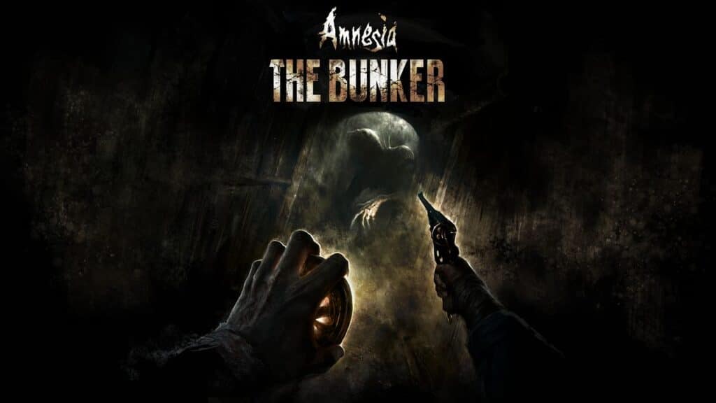 A hand holds a flashlight and another a gun, facing a eerie creature in a dark tunnel; "Amnesia: The Bunker" title above.