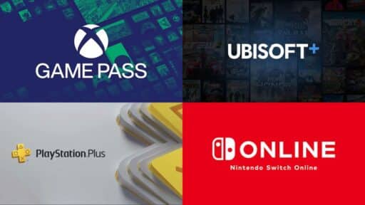 Four panels showing logos of Xbox Game Pass, Ubisoft+, PlayStation Plus, and Nintendo Switch Online gaming services, set against the backdrop of August 2025 U.S. Video Game Sales.