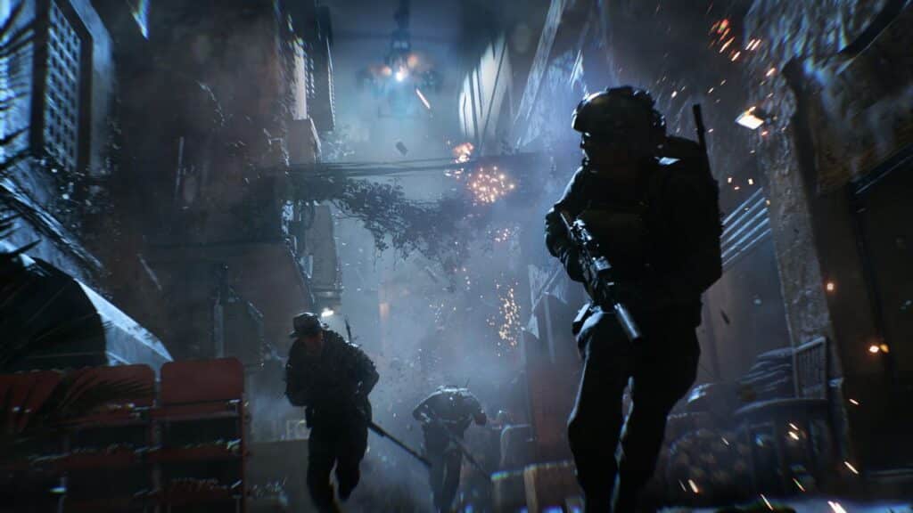 Three armed soldiers sprint through a dark, chaotic alley as debris and sparks fly around them, capturing the intense action of Battlefield 6.