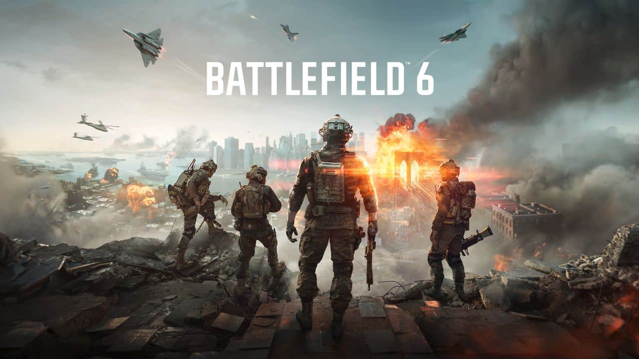 Four armed soldiers stand on rubble overlooking a burning city as jets fly overhead; the chaos of Battlefield 6 unfolds.