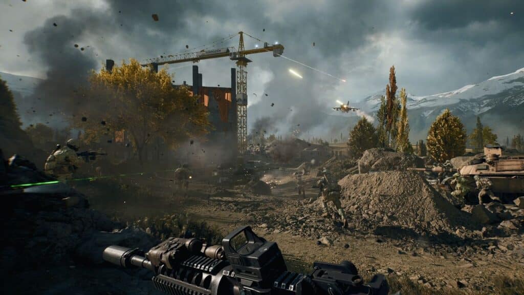First-person view of a Battlefield 6 scene with soldiers, tanks, smoke, and a crane under a cloudy sky.