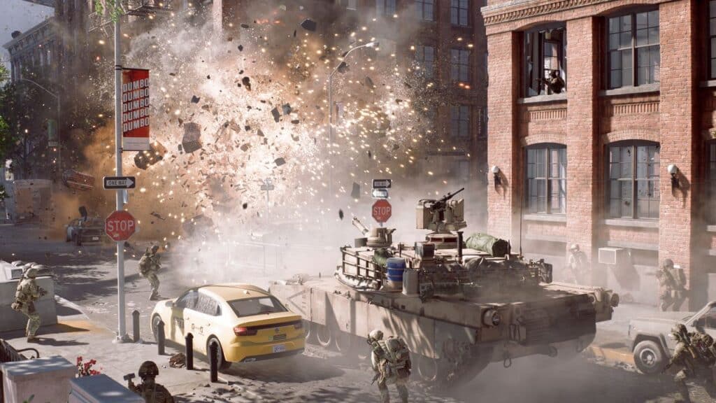 A tank and soldiers on a city street as an explosion erupts from a building, scattering debris—an intense scene from Battlefield 6.