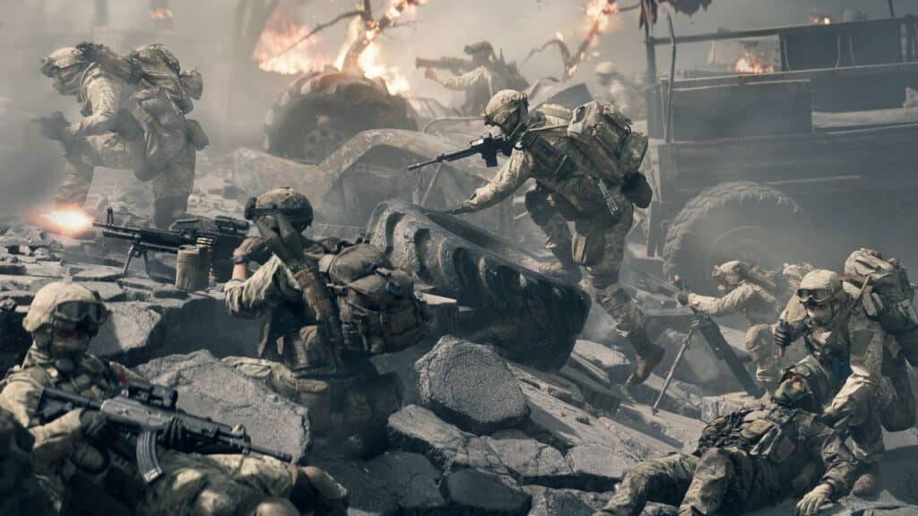 Soldiers in combat gear fight amid rubble and debris on a Battlefield 6-inspired scene, surrounded by smoke, fire, and damaged vehicles in Battlefield 6.