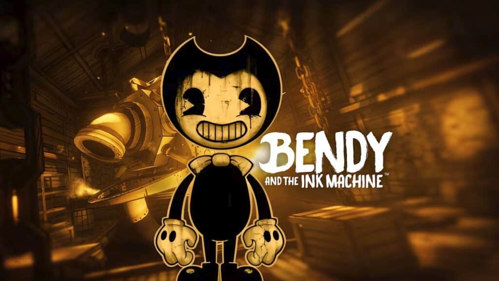 Cartoon character Bendy stands smiling in front of machinery with the "Bendy and the Ink Machine" game logo, featured among Epic Games Store free games.
