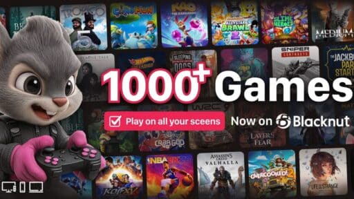 A cartoon squirrel holds a game controller; text reads "1000+ Games" on Blacknut, showcasing the vast Blacknut 1000 games catalog with vibrant game covers in the background.