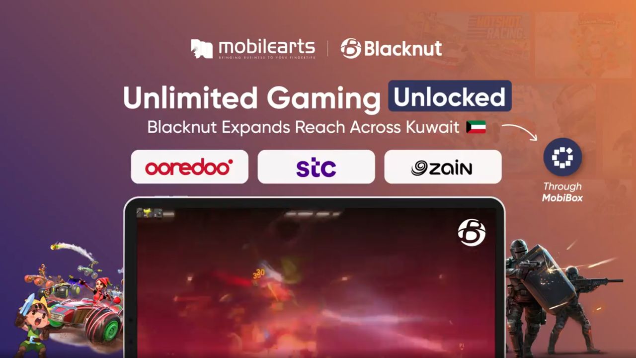 Promo for the Blacknut Kuwait launch: Enjoy unlimited gaming with Ooredoo, stc, and Zain. Dive into nonstop action with top gaming graphics and seamless access across your favorite networks.