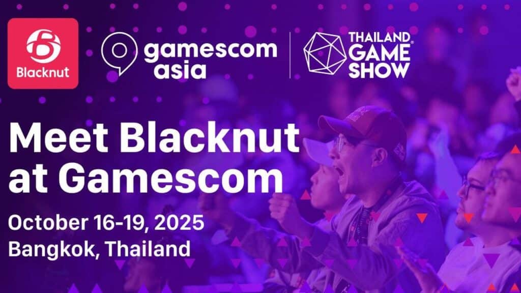People cheer at an event with text: "Meet Blacknut at Gamescom, Oct 16-19, 2025, Bangkok, Thailand.