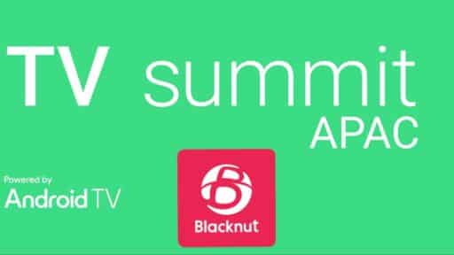 Green background featuring "TV summit APAC," "Powered by Android TV," and the Blacknut logo in red, highlighting the Blacknut 2025 APAC TV Summit.