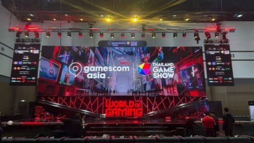 At Gamescom Asia x Thailand Game Show 2025 a large stage with "gamescom asia" and "Thailand Game Show" logos, "WORLD OF GAMING" in red text, highlighting the Blacknut Thailand cloud gaming launch.