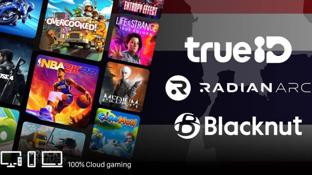 Game covers and cloud gaming company logos—Blacknut, TrueID Thailand, and Radian Arc—displayed on a sleek digital interface.