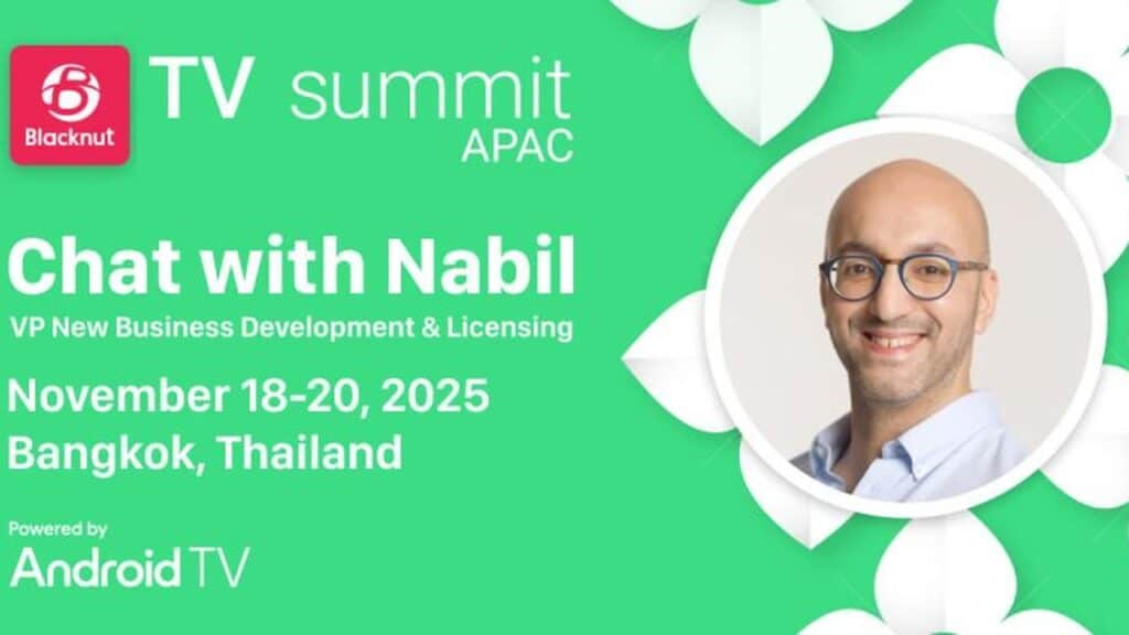 Promotional banner for a TV summit in Bangkok with a smiling man, dates, and event details on a green background. Nabil Jaredj the VP, Business Development & Licensing at Blacknut.