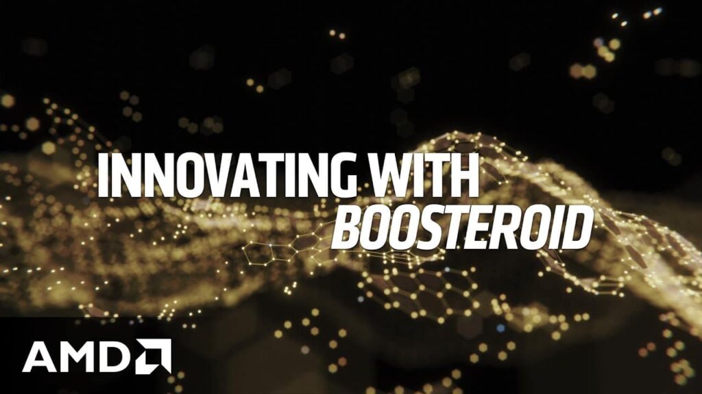 Text "Innovating with Boosteroid" over a dark background with golden light particles, the AMD logo in the corner, and a subtle nod to the Boosteroid Stevie Awards 2025 for an award-winning atmosphere.