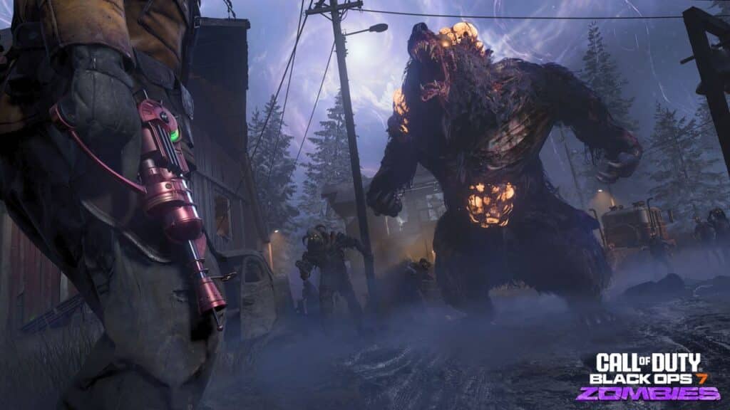 A player faces a giant glowing zombie monster in a dark, foggy forest in the Call of Duty Black Ops 7 Beta Zombies mode.