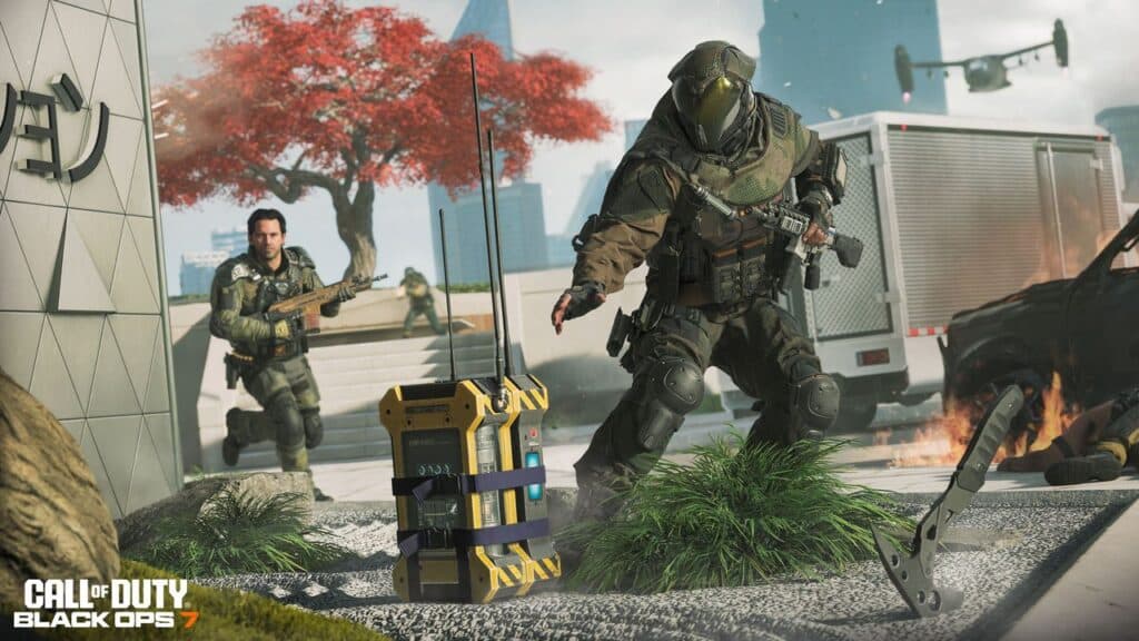 Two armed soldiers in combat gear, one planting a device, with an urban background and a helicopter overhead—immersive action straight from the Call of Duty Black Ops 7 Beta.