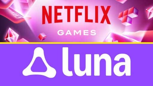 Netflix vs Amazon cloud gaming logos displayed on a vibrant, colorful background.