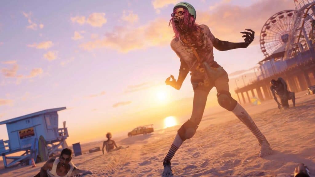 From Dead Island 2 Ultimate Edition, a zombie in torn clothes stands on a beach at sunset, with a Ferris wheel and lifeguard hut in the background—an eerie scene inspired by the Amazon Luna free games with Prime October 2025 collection.