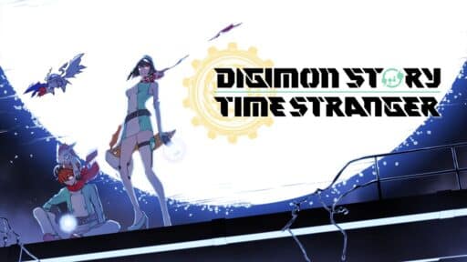 Two characters and two digimon stand on a futuristic platform with "Digimon Story Time Stranger" in bold text.