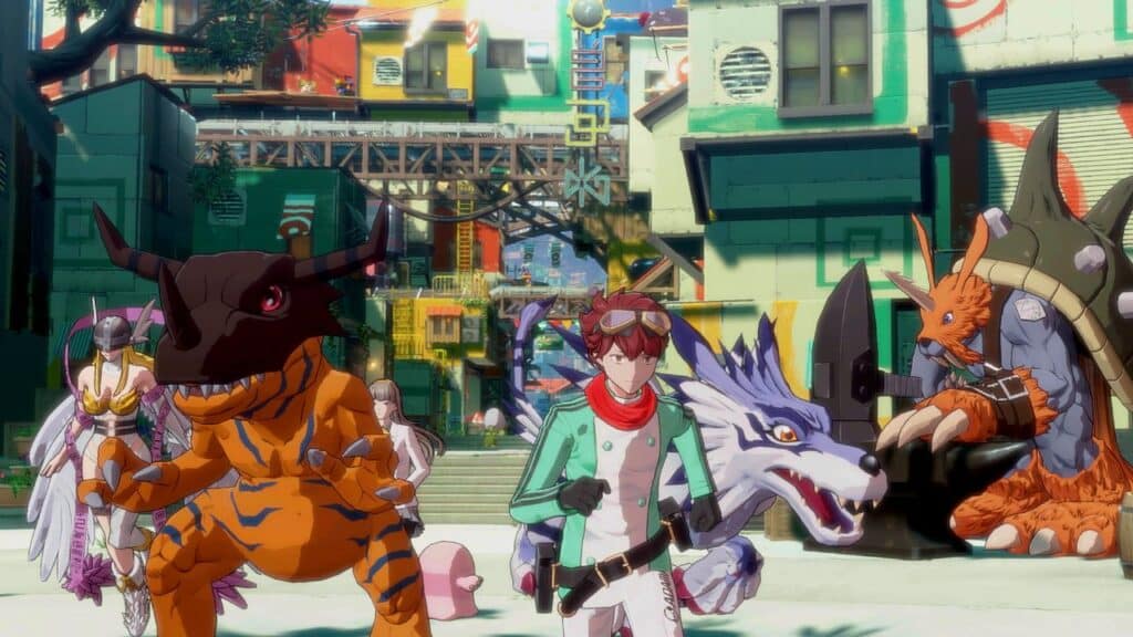 A boy and five colorful Digimon stand in a lively city street with futuristic buildings, ready for a Digimon Story Time adventure as a new stranger approaches.