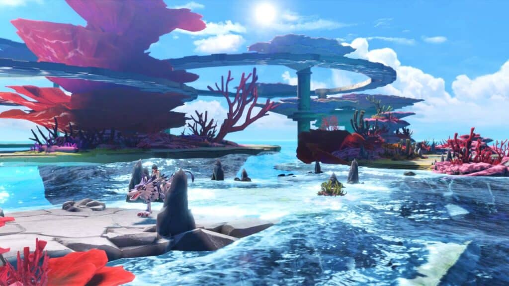 Fantasy landscape with swirling paths, vibrant coral structures, and clear blue water under a bright sky—like a Digimon Story world waiting for time and stranger adventures to unfold.