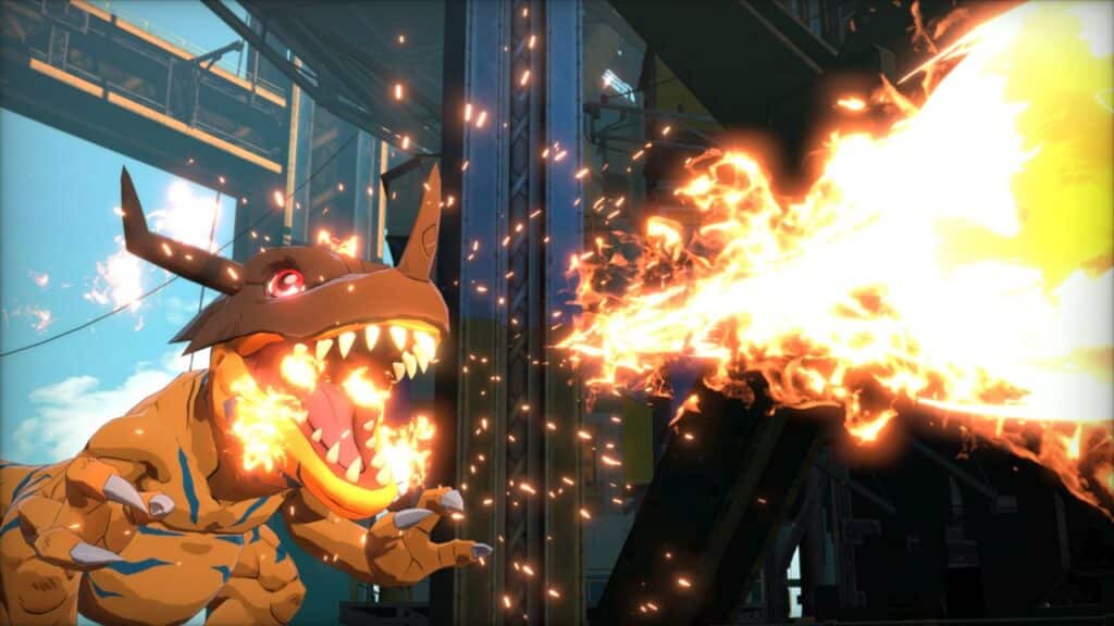 An orange, dinosaur-like creature from Digimon Story breathes fire in an industrial setting with metal structures.