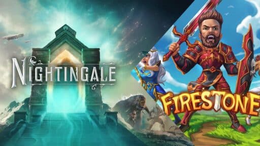 Split image: Nightingale game art with glowing portal on left, Firestone cartoon warrior characters on right this weeks epic store free games october 2 to october 9, 2025.