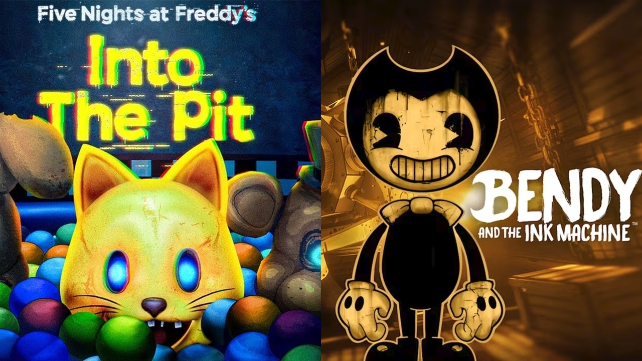 Split image: Left, a cat animatronic in a ball pit for "Five Nights at Freddy's: Into The Pit"; right, Bendy smiling—both icons fans hope to see among future Epic Games Store free games.