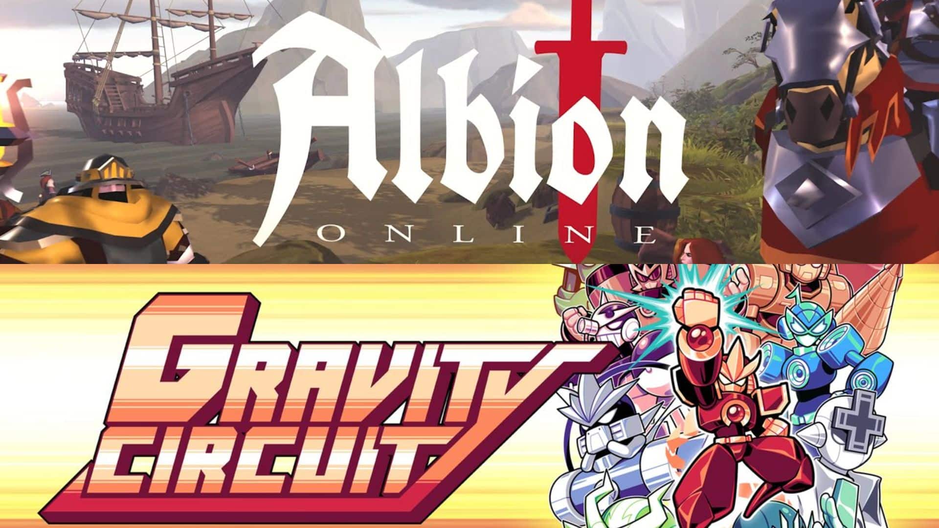 Split image: Top shows Albion Online logo with medieval scene; bottom shows Gravity Circuit logo with colorful robots, both highlighted as this week’s Epic Games Store free games.