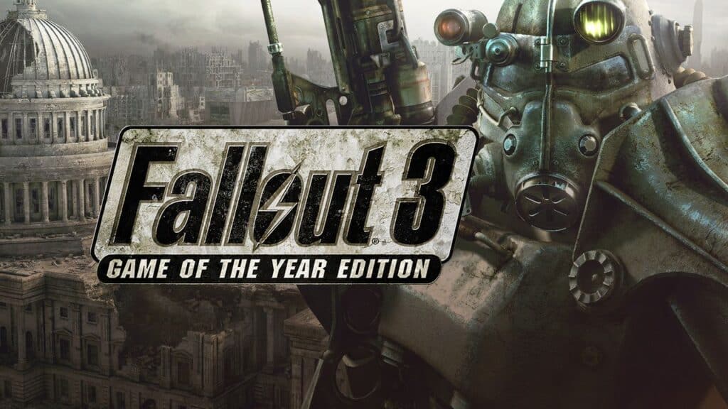 A soldier in power armor stands before ruined buildings with "Fallout 3 Game of the Year Edition" text overlay as part of new free games for prime members on Amazon Luna.