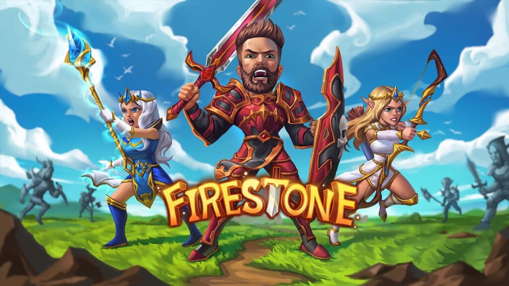 Three armored fantasy heroes with weapons stand ready for battle, with "Firestone" in bold letters in front is this weeks free game on the epic games store.