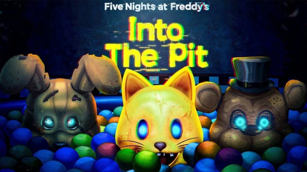 Three glowing animatronic heads in a colorful ball pit with the text "Five Nights at Freddy's: Into The Pit," highlighting its inclusion among Epic Games Store free games.