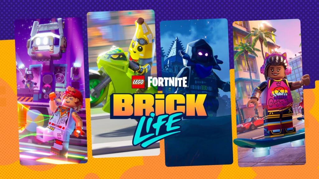 Four colorful LEGO Fortnite characters pose around the text “LEGO Fortnite Brick Life” on a vibrant background, inspired by the excitement of Amazon Luna free games with Prime October 2025.