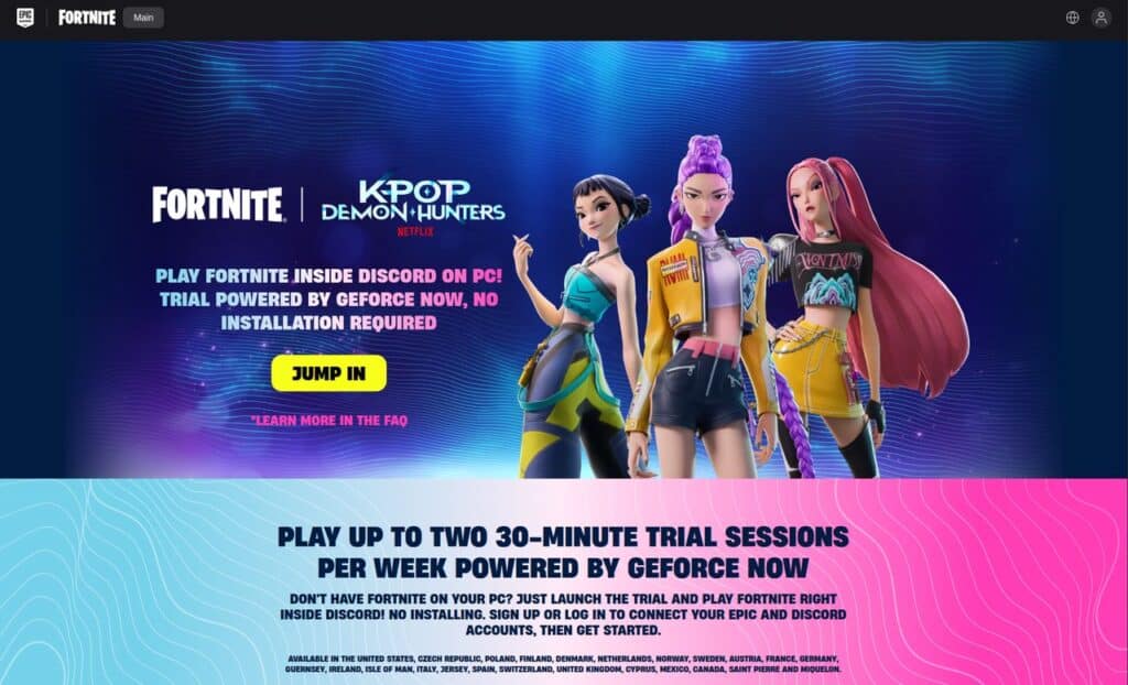Fortnite promo: three colorful characters, "K-Pop Demon Hunters," text advertises a free PC trial via GeForce NOW. Connect with friends on Discord to join the action!.