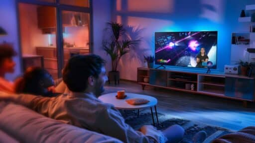 Three people sit on a couch in a cozy, modern living room at night, enjoying a colorful TV show and exploring GAMELOOP Smart TV cloud gaming together.