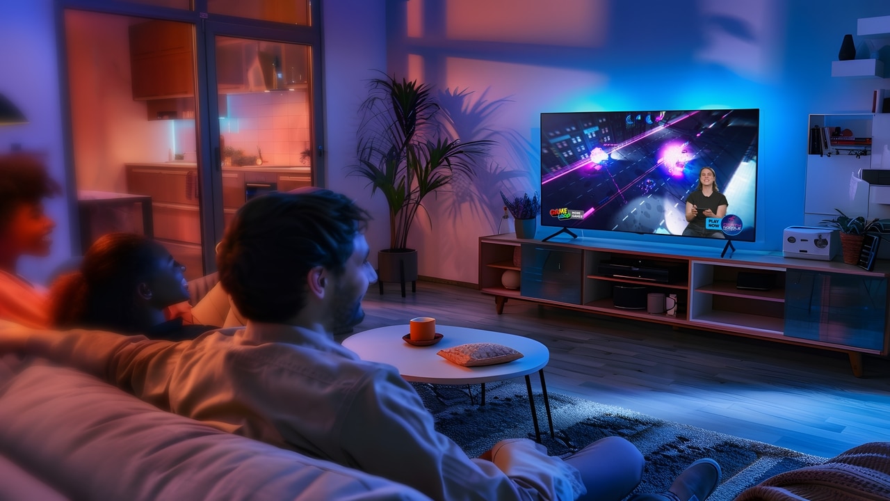 Three people sit on a couch in a cozy, modern living room at night, enjoying a colorful TV show and exploring GAMELOOP Smart TV cloud gaming together.