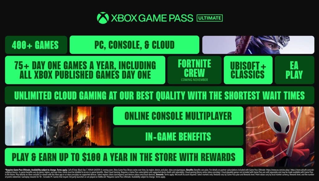 Xbox Game Pass Ultimate features listed on a green and black graphic with game images and icons.