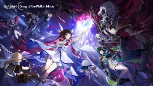 Several fantasy characters in dynamic poses, with glowing weapons and magical effects reminiscent of Genshin Impact Version Luna II, stand against a vibrant background.